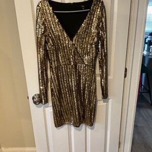 Lulu's Gold Sequin Embellished Long Sleeve Dress